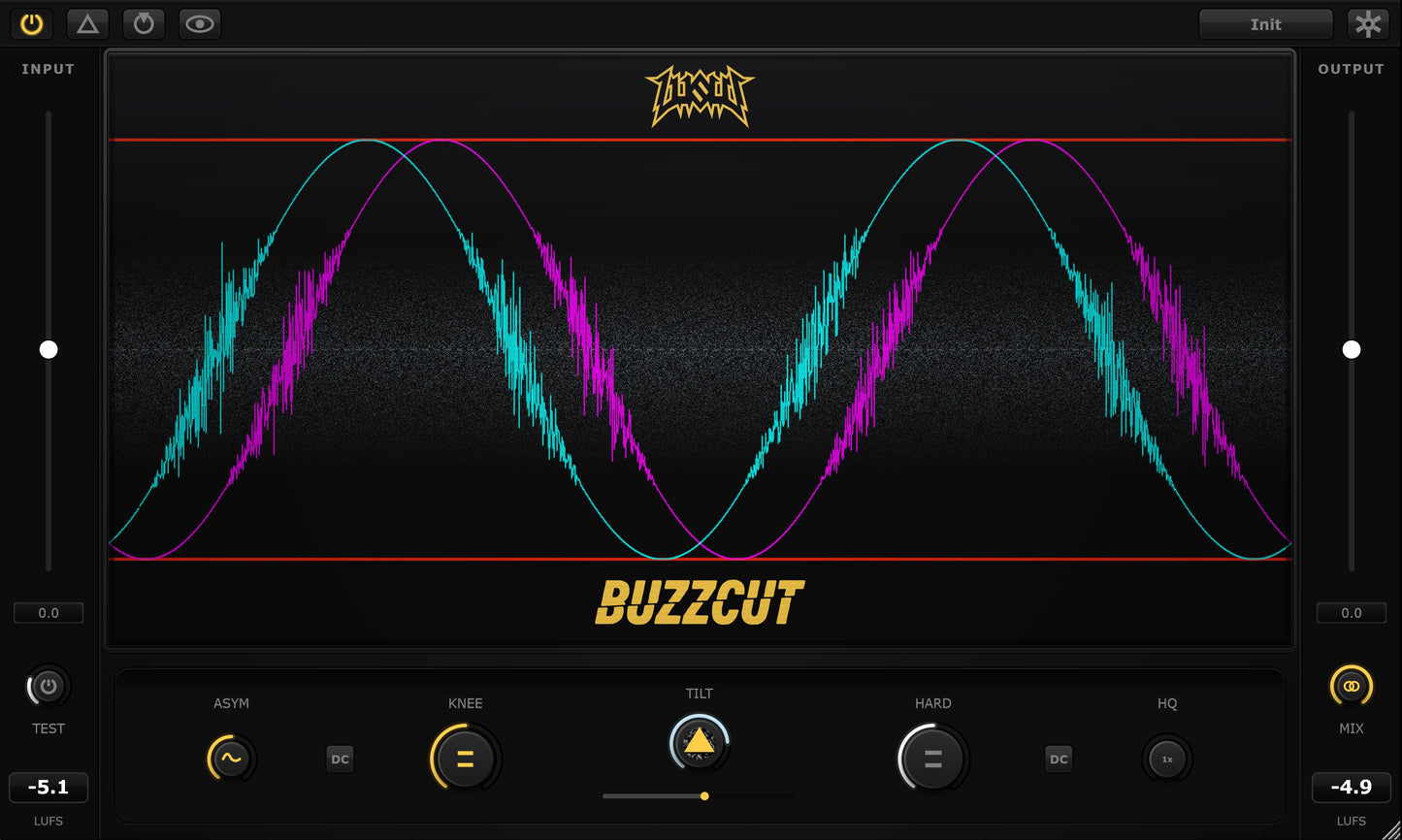 BuzzCut VST plugin interface showing complex asymmetric clipping and noise erosion used for sound design on the real-time oscilloscope display.