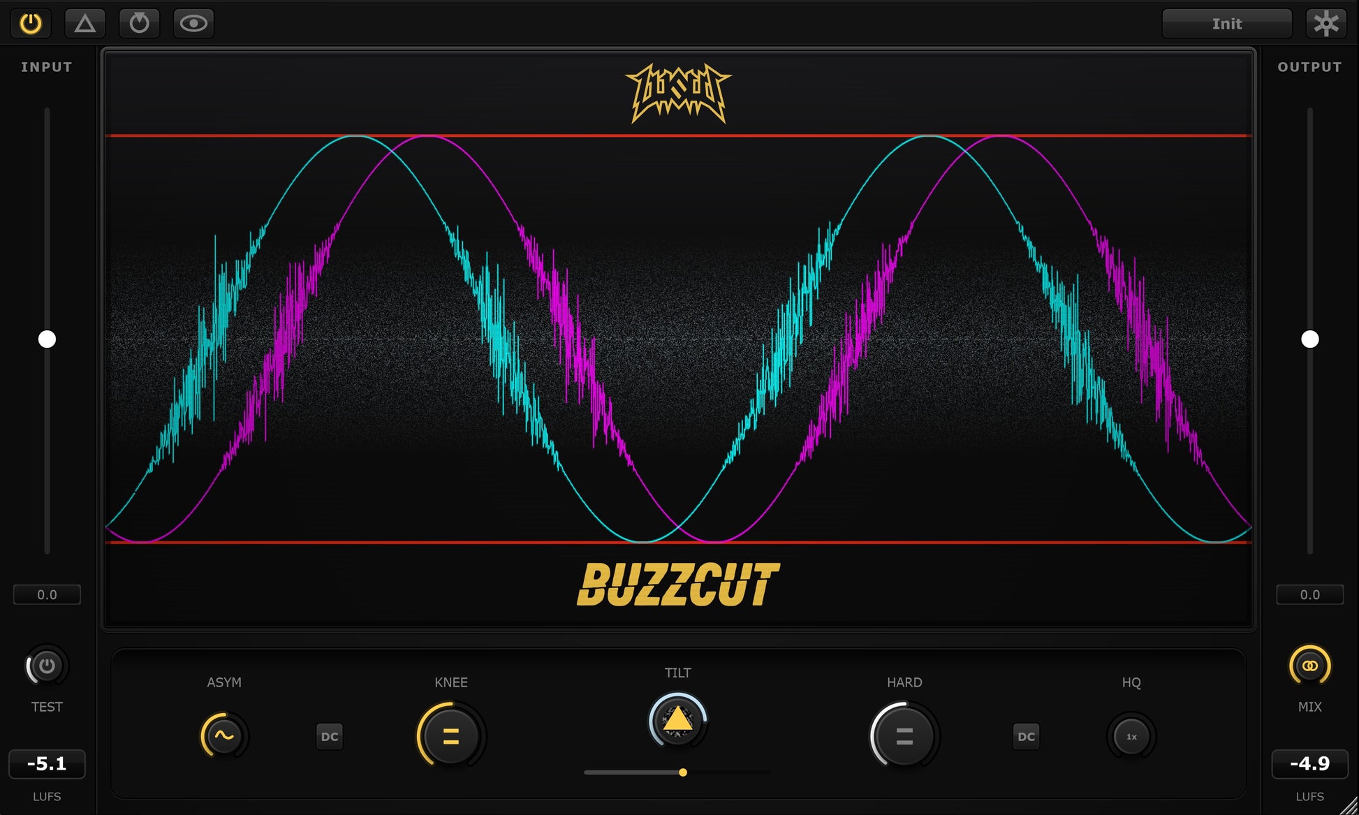 BuzzCut VST plugin interface showing complex asymmetric clipping and noise erosion used for sound design on the real-time oscilloscope display.