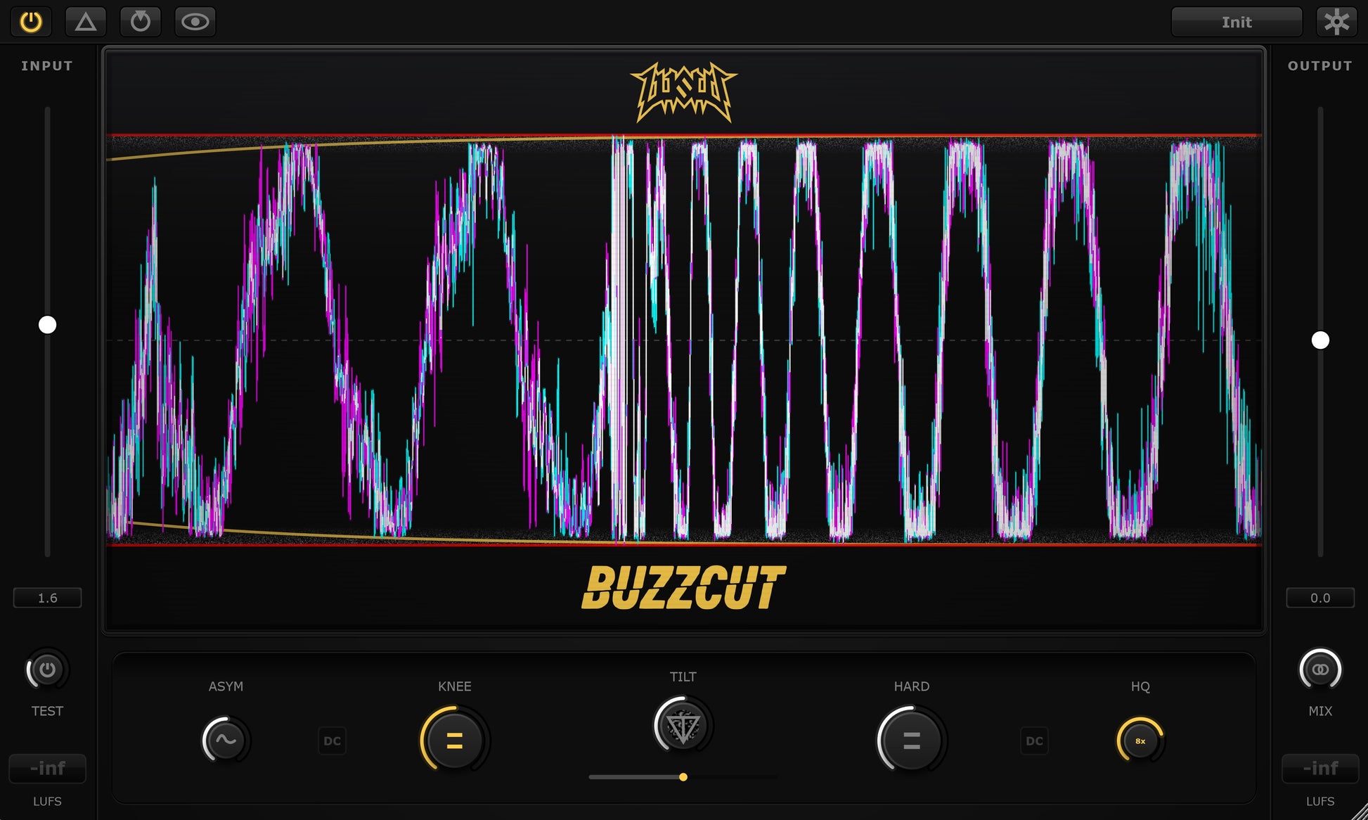 BuzzCut erosion clipper VST plugin interface showing the oscilloscope view with heavy hard clipping and noise modulation applied to the waveform for maximum loudness.